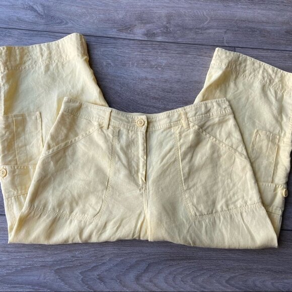 Chico’s Baby  Yellow Pure Linen Cargo Cropped Pants - Picture 9 of 14